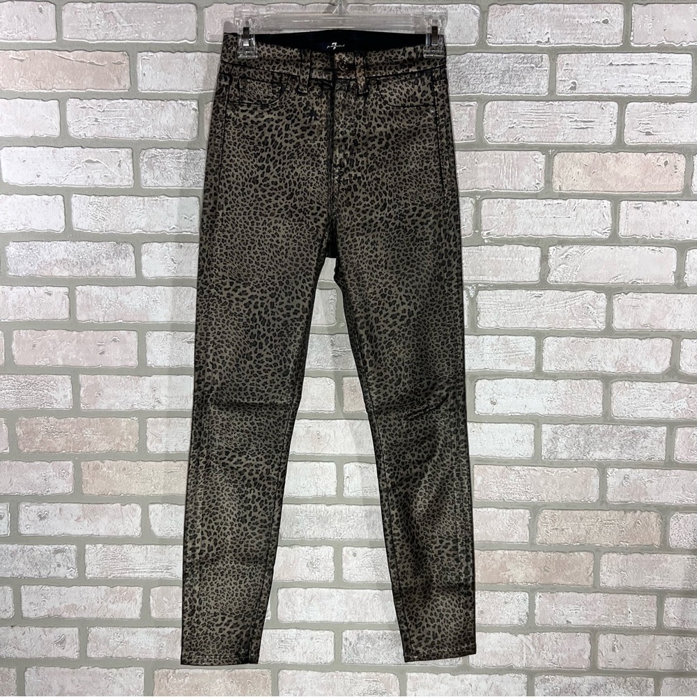7 For All Mankind High Waist Ankle Skinny Coated Metallic Leopard Print Jeans 24 - Picture 4 of 11